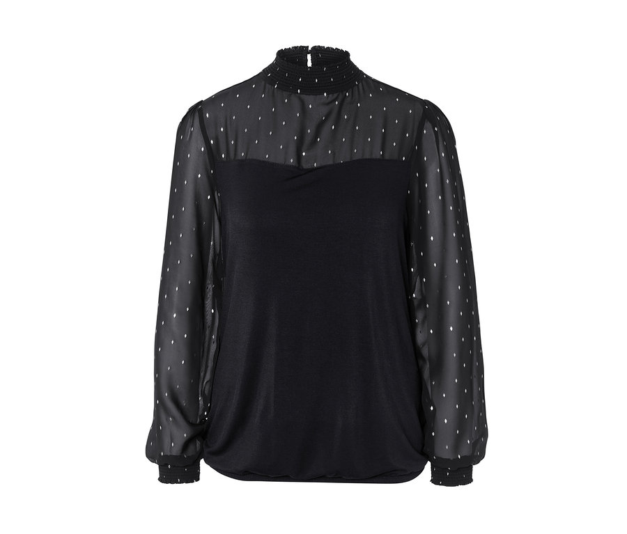 Schwarzes Blusenshirt im Materialmix mit transparenten Ärmeln und silbernen Details.