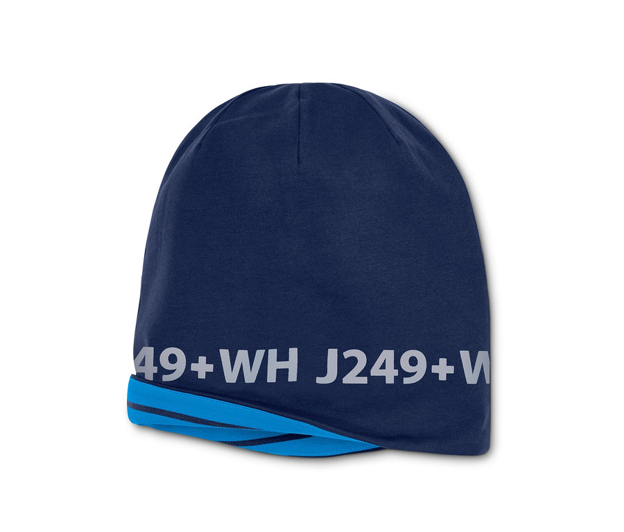 Eine marineblaue Wendemütze mit Schriftzug.