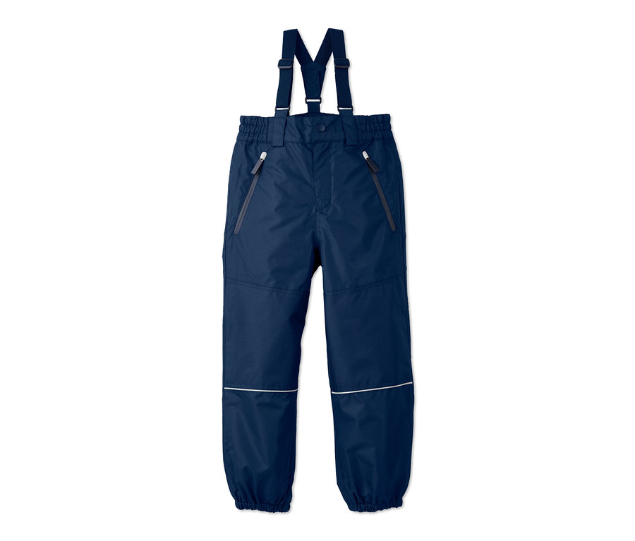 Marineblaue Regenhose mit Trägern.