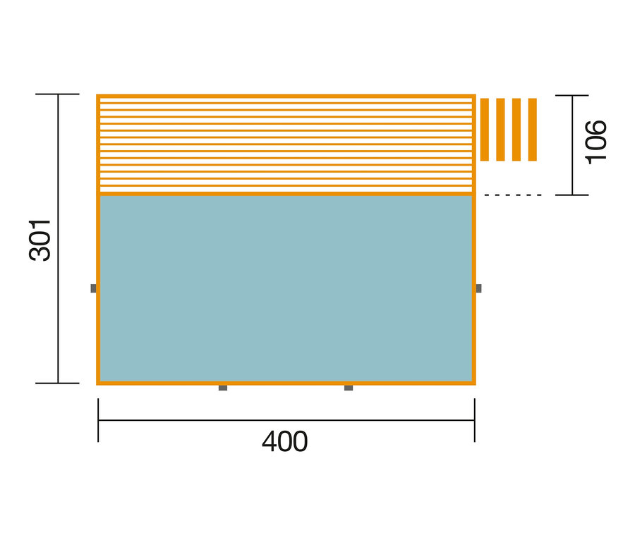 Draufsicht des rechteckigen WEKA Gartenpools inklusive Sonnendeck, ca. 400 x 301 cm.