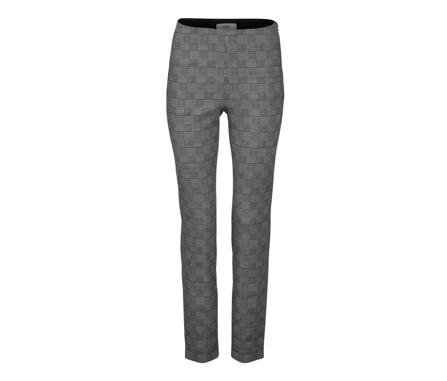 Eine knöchellange Stretchhose mit grauem Karomuster.