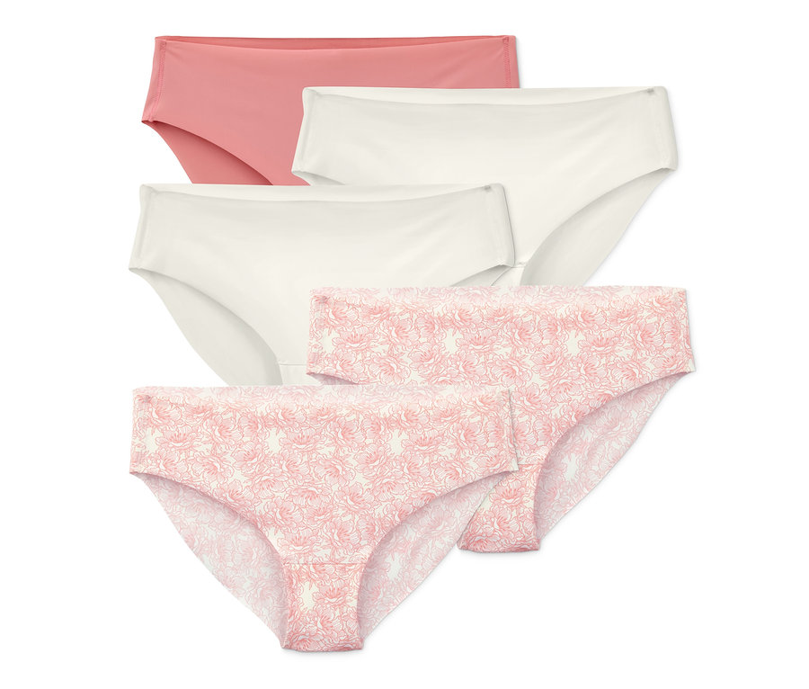 Fünf Magic-Cut-Slips in Rosa, Creme und mit Blumenmuster.