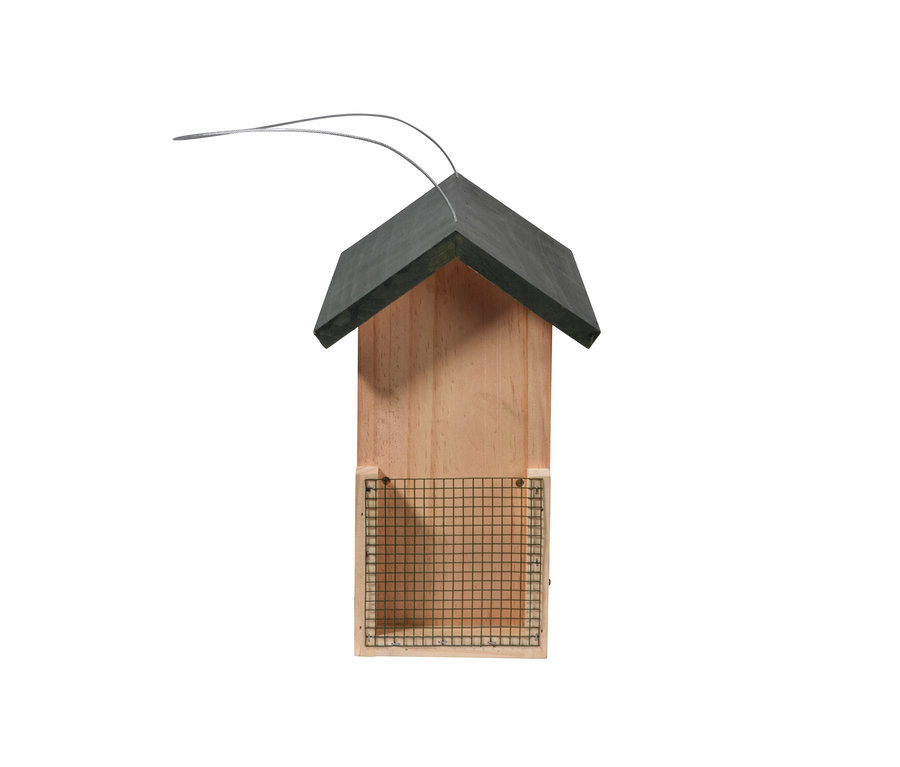 Hölzernes 7-in-1-Futterstation mit Drahtgitter und grauem Dach.