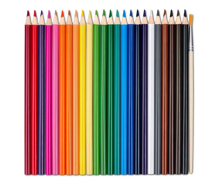 Eine Reihe von Aquarell-Buntstiften in verschiedenen Farben, inklusive Pinsel.