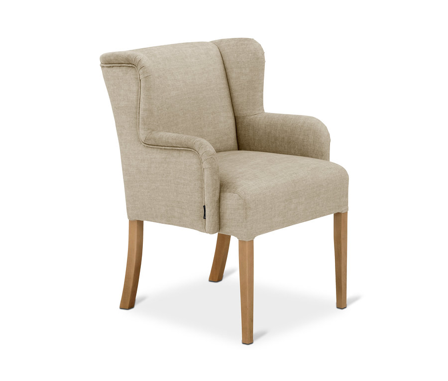 Beiger Polsterstuhl mit Armlehne »Hendrick« auf Holzbeinen.