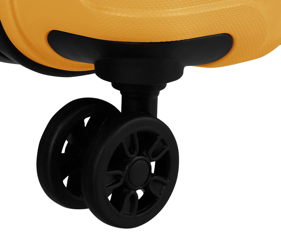 Detailansicht der Rollen eines gelben American Tourister »Jetdriver 3.0« Koffers.