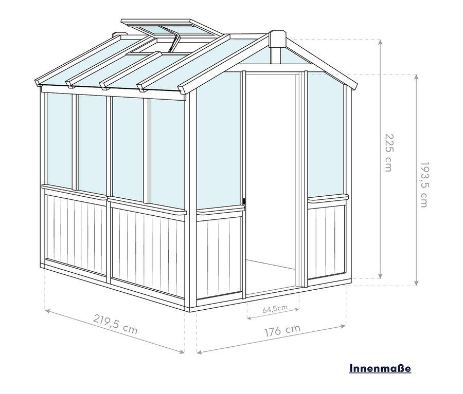 Zeichnung eines Gewächshauses aus Zedernholz mit Maßangaben.
