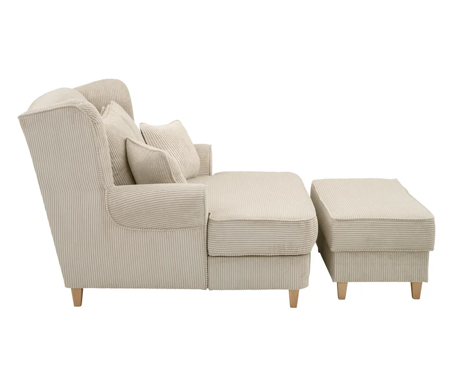 Beiger Cord XXL-Ohrensessel "Harvard" mit aufklappbarer Hockerbank mit Stauraum und Hocker.