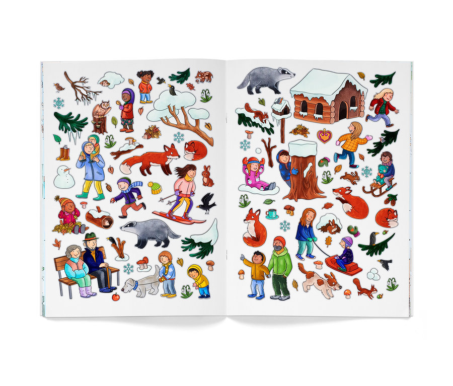 Geöffnetes Buch mit Illustrationen von Winterszenen und Figuren, darunter "Mein Stickerbuch »Winter«".