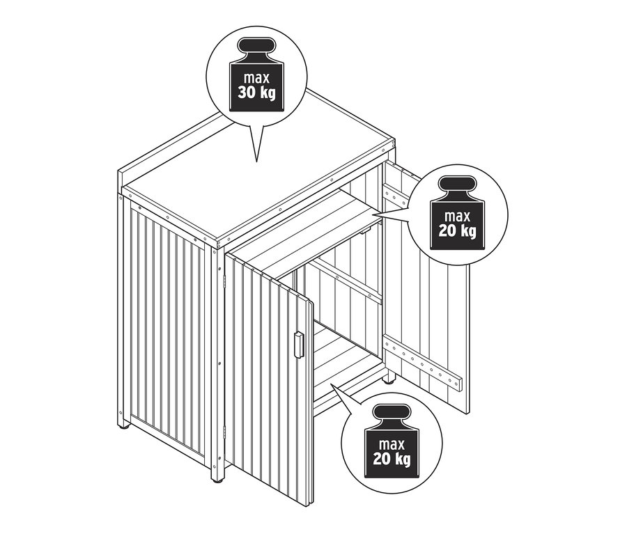 Geöffneter Kleiner Gartenschrank »Tinus« mit maximaler Tragfähigkeit von 30 kg auf der Oberseite und 20 kg auf dem Regal und der Unterseite.