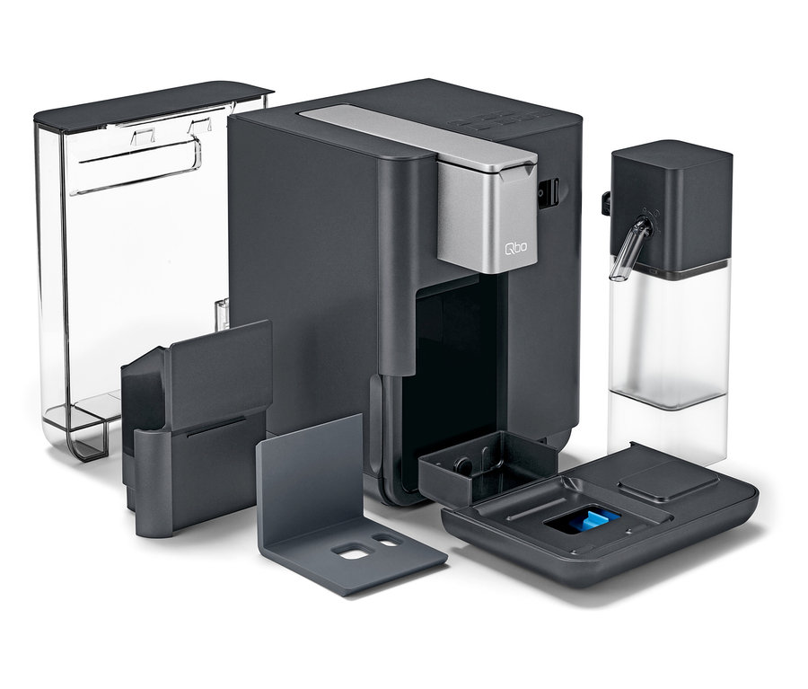 Eine auseinandergebaute Qbo MILK MASTER Gentle Grey Kaffeemaschine.