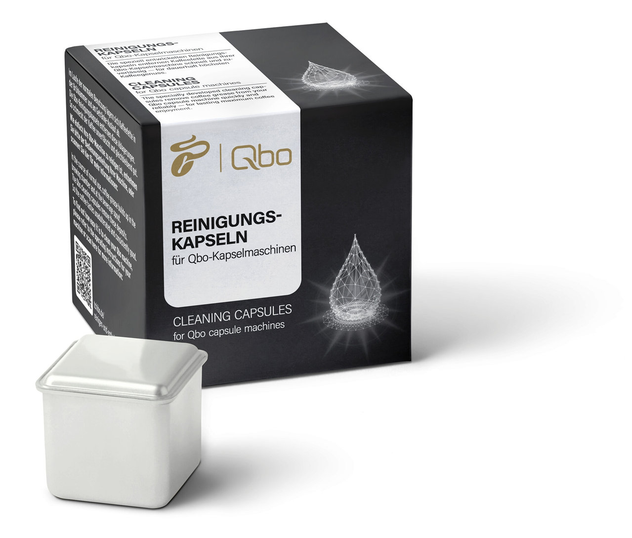 Eine quadratische Packung Qbo Reinigungskapseln mit einer einzelnen Reinigungskapsel unten links.