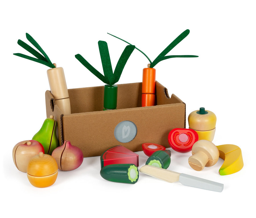 Holz Obst und Gemüse Schneideset »fresh« von small foot in einem Karton.