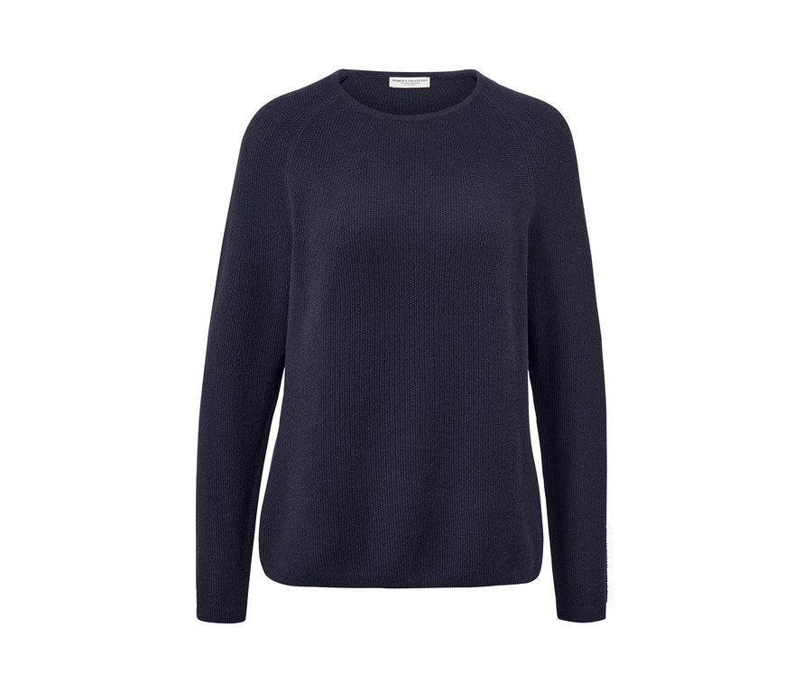 Dunkelblauer Strickpullover.