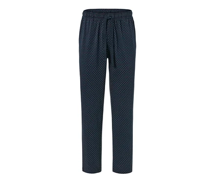 Marineblaue Relaxhose mit rosa Punkten.