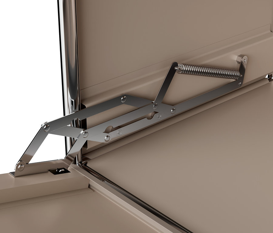 Detailaufnahme eines taupefarbenen Metall Sideboards »CN3« mit Klappfach und Metallmechanismus.