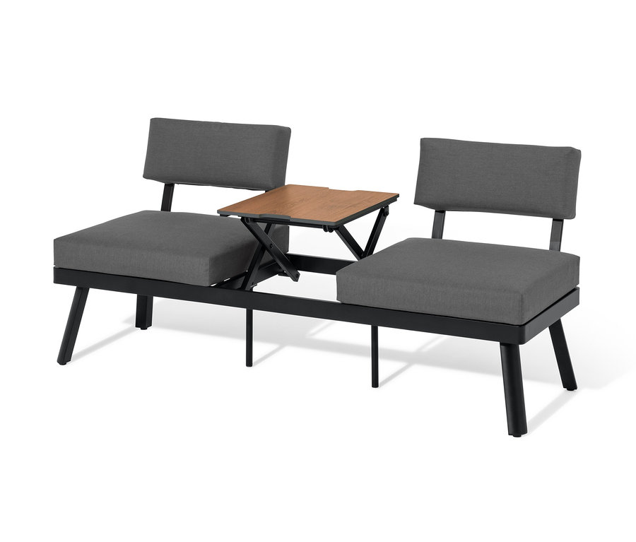 Graues 2-in-1-Sofa-Liege mit hochklappbarem Mitteltisch.
