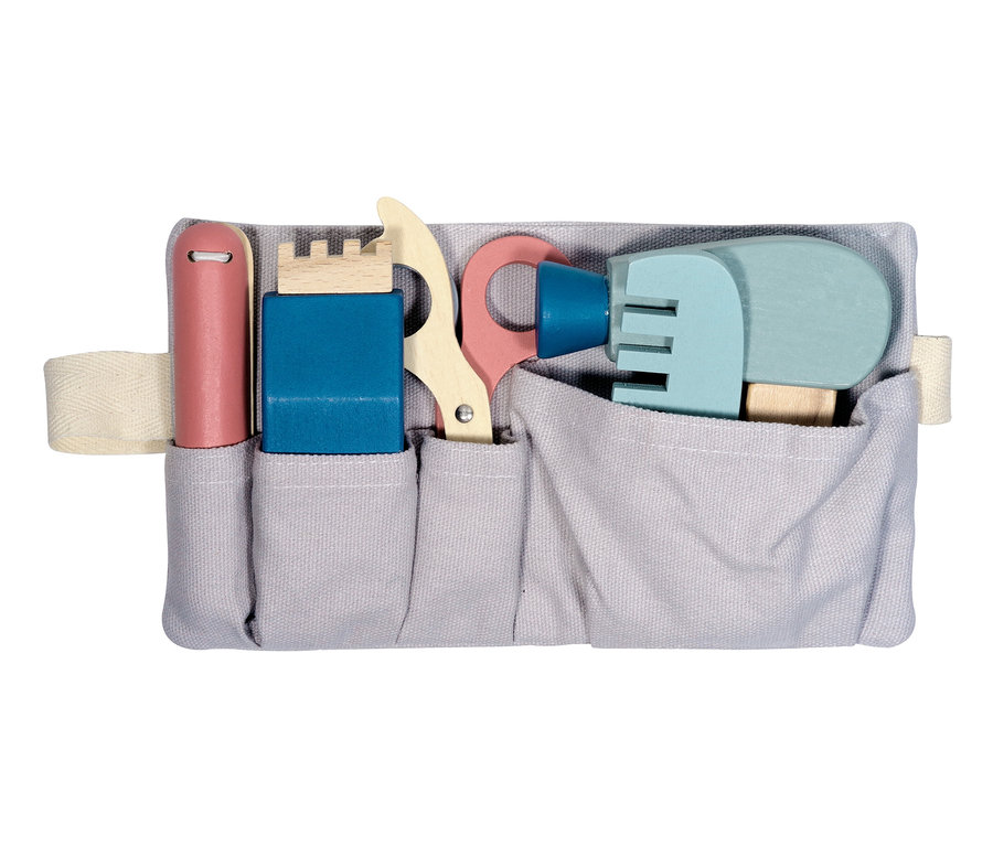 Kinder-Friseur-Set in einer grauen Stofftasche mit rosa, blauen und hölzernen Werkzeugen.