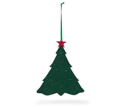 Grüner Weihnachtsbaum mit rotem Stern an einem grünen Band.