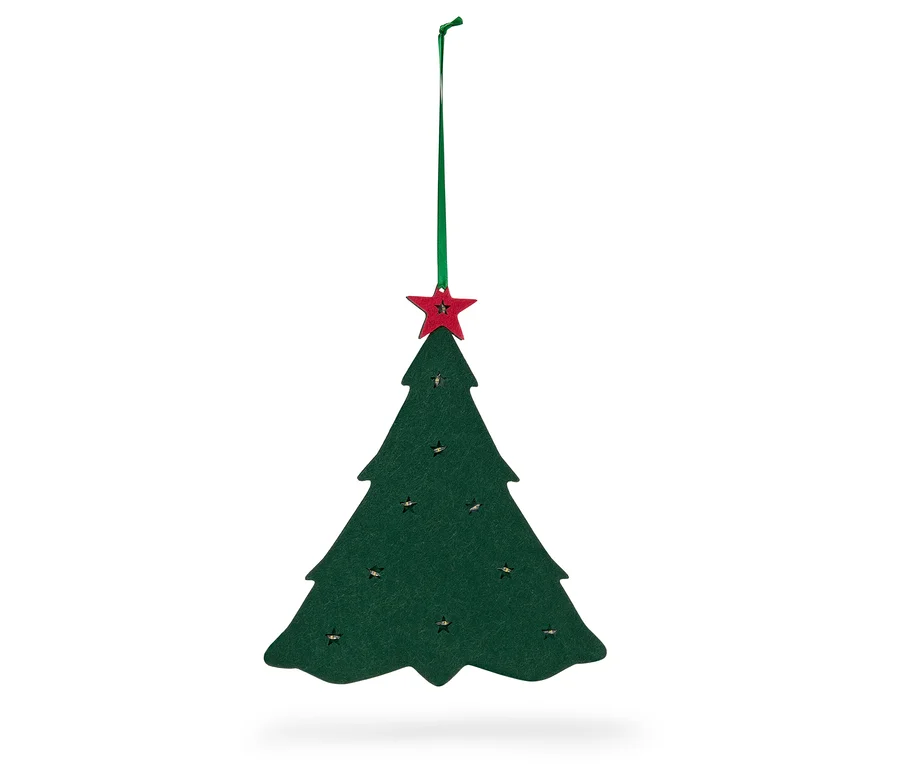 Grüner Weihnachtsbaum mit rotem Stern an einem grünen Band.