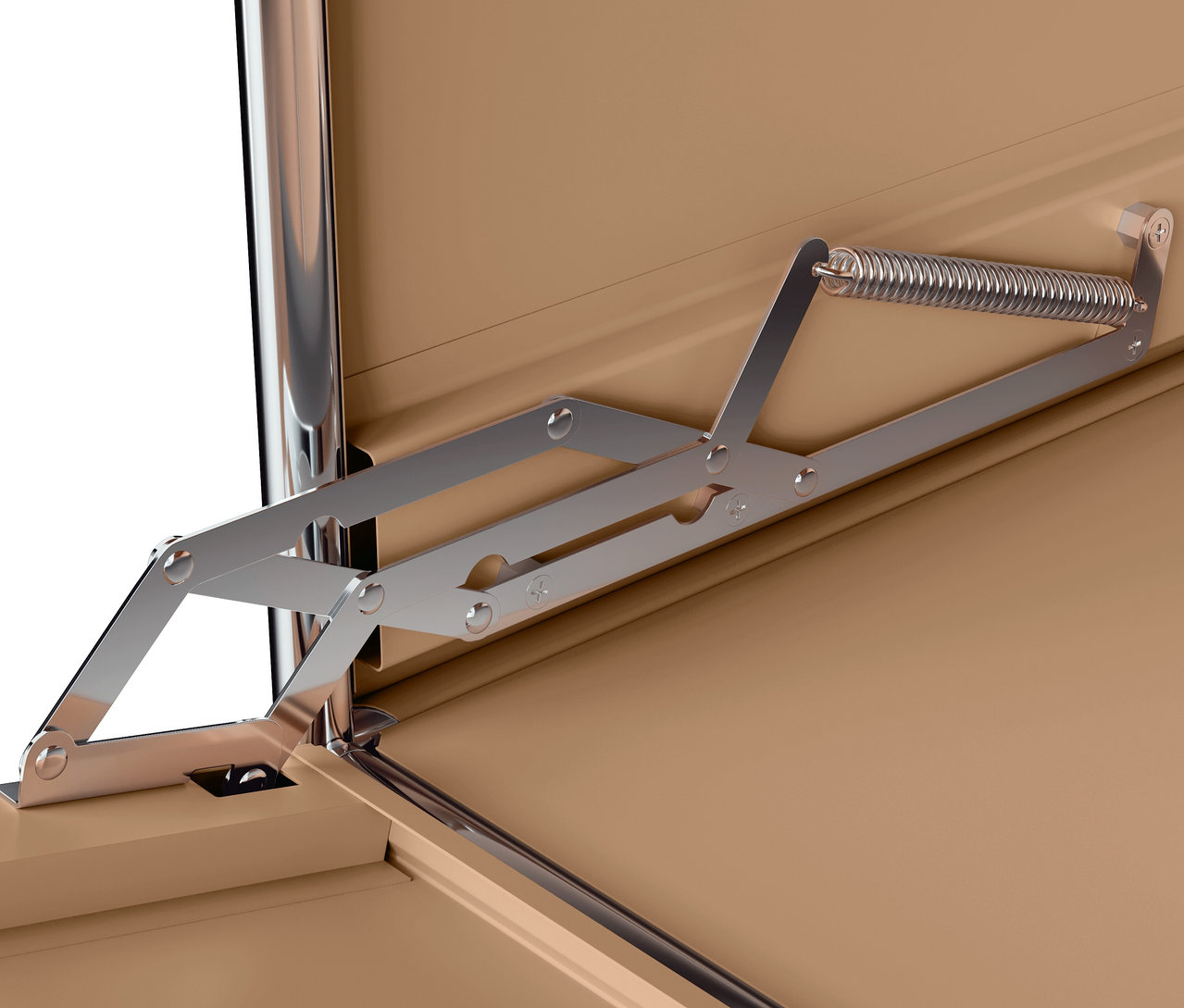 Detailansicht eines braunen Schranks mit Stahlöffnungsmechanismus.