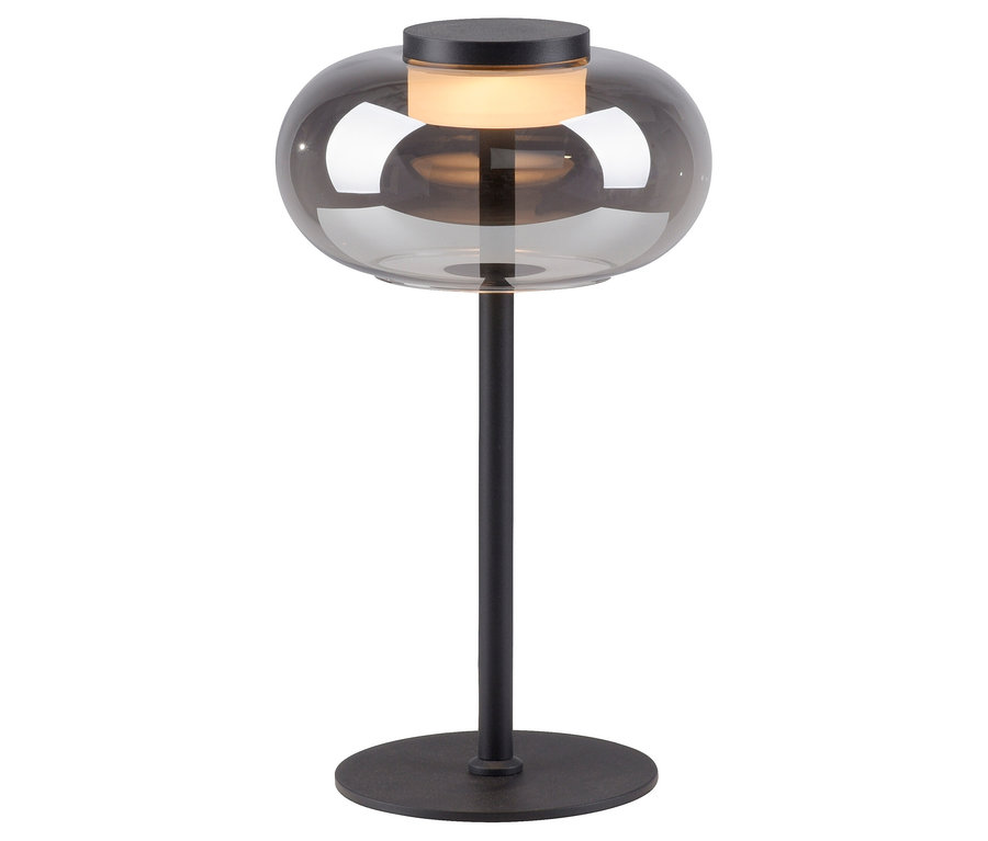 Schwarze Tischleuchte mit einem Lampenschirm aus Rauchglas.