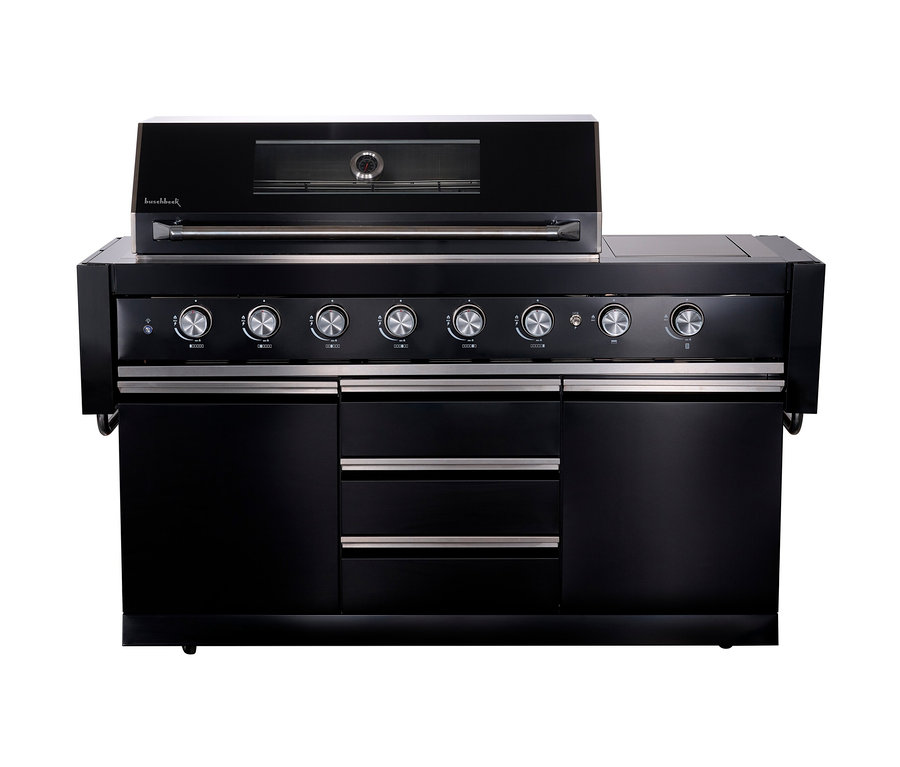 Schwarze Buschbeck Outdoorküche »Chester« mit Bedienknöpfen und Stauraum.