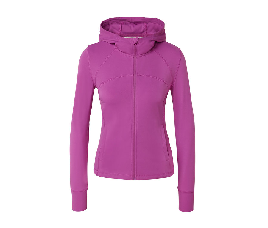 Eine lila Sportjacke mit Reißverschluss und Kapuze.