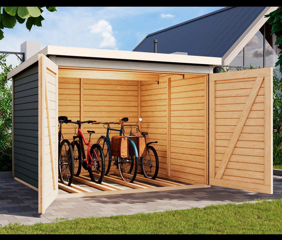 Offene Karibu Fahrradgarage für 4 Räder ohne Solarpaket, 19mm, terragrau mit mehreren Fahrrädern drinnen.