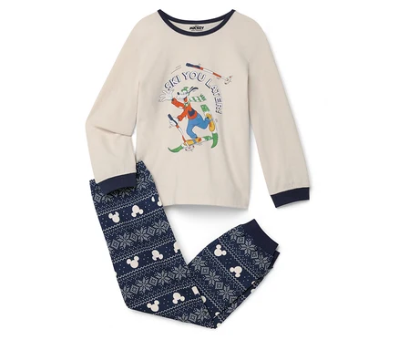 Ein Pyjama mit einem Goofy-Aufdruck auf dem Oberteil und einer Hose mit einem Mickey-Maus-Muster.