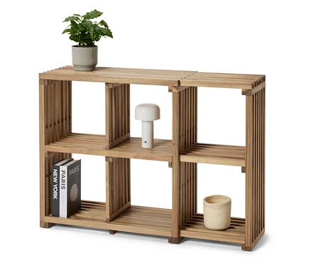 Holzregal mit Pflanze, Lampe und Büchern.