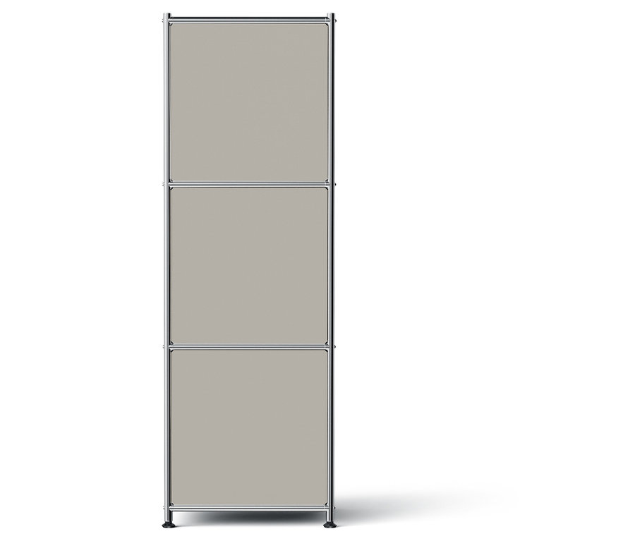 Graues modulares Aufbewahrungsregal mit drei Ebenen.