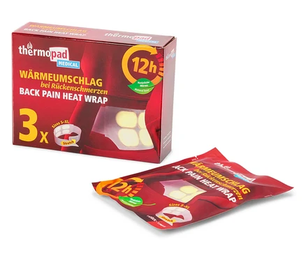Eine Packung Thermopad Wärmeumschläge bei Rückenschmerzen, daneben ein einzelner Wärmeumschlag.