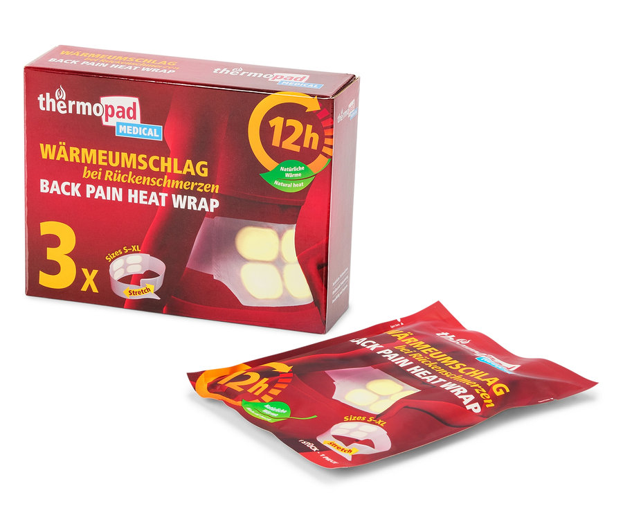 Eine Packung Thermopad Wärmeumschläge bei Rückenschmerzen, daneben ein einzelner Wärmeumschlag.