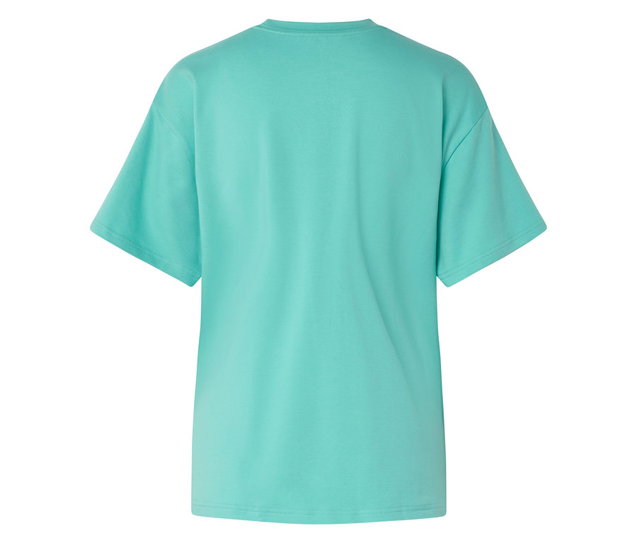 Nahaufnahme von der Rückseite eines türkisfarbenen T-Shirts.