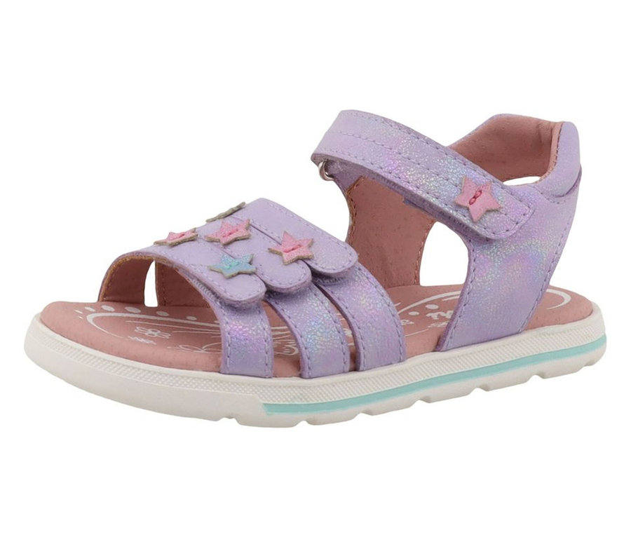 LURCHI Mädchen-Sandalen Carin in Flieder mit Sternenapplikationen, Klettverschluss, rosa Fußbett und weißer Sohle.