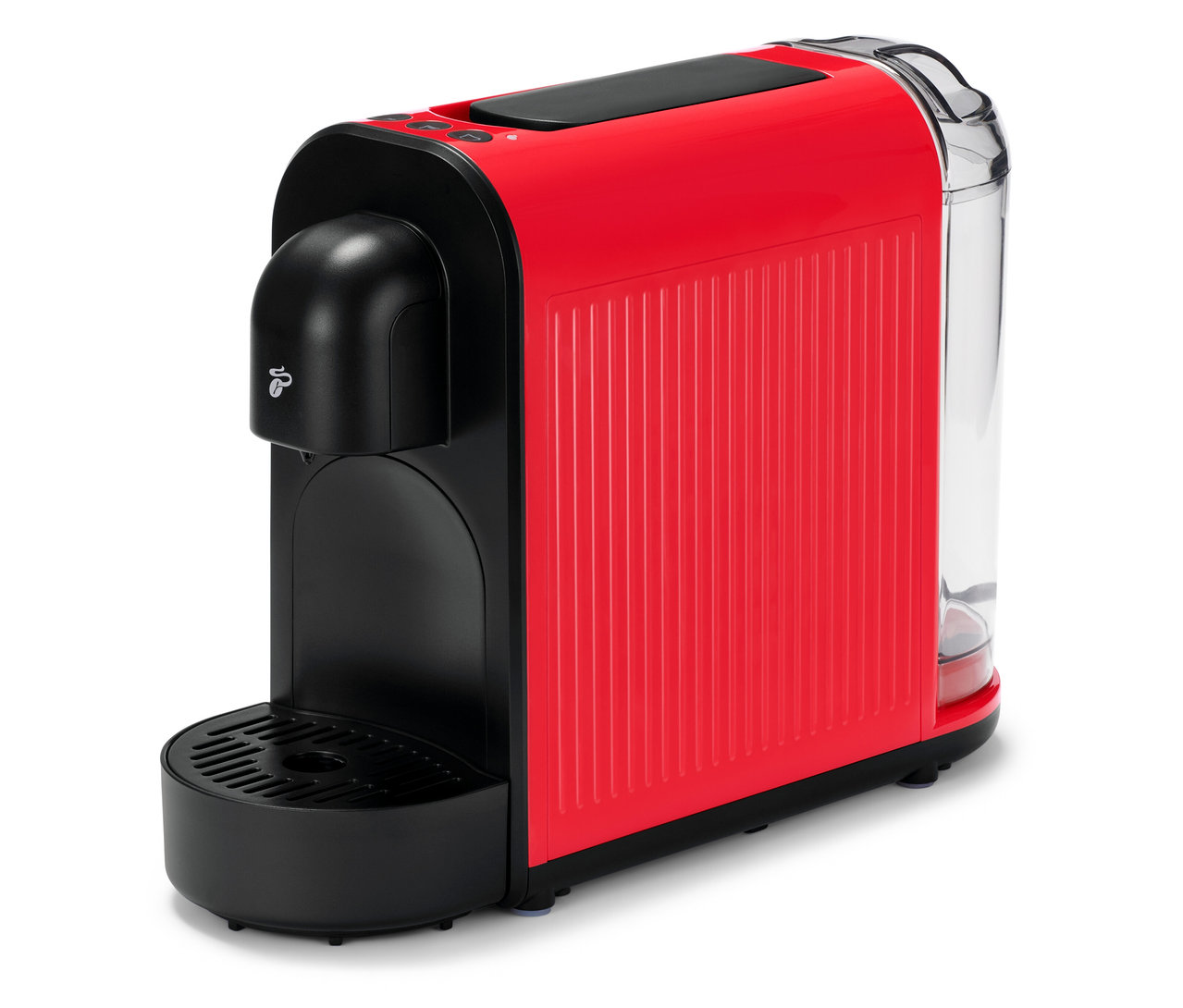 Die rote Cafissimo now red Kaffeemaschine steht auf einem weißen Untergrund.