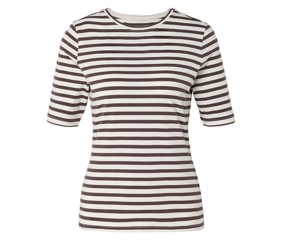 Gestreiftes, weißes T-Shirt mit braunen Streifen und kurzen Ärmeln.