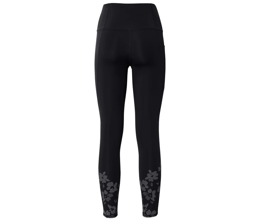 Rückansicht einer schwarzen Leggings mit hoher Taille und Blumenmuster am Beinabschluss.