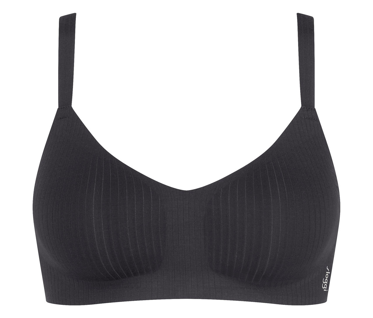 Schwarzer BH mit dünnen Trägern und vertikalem Rippmuster.