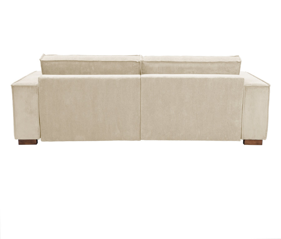 Rückansicht eines cremefarbenen Cord-Sofas auf kleinen Holzfüßen.