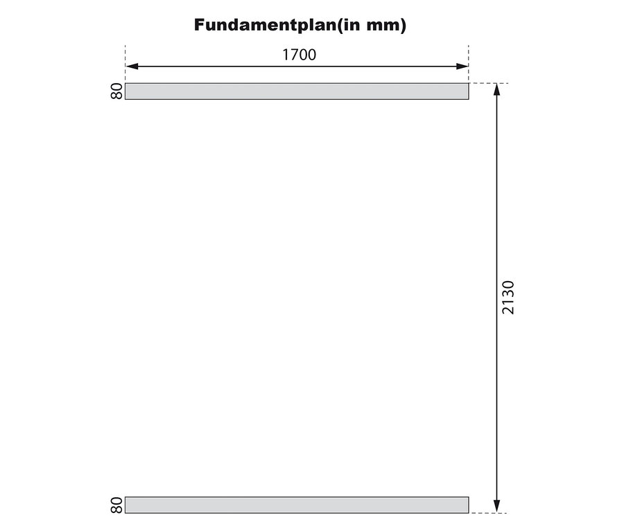 Fundamentplan für Karibu Fasssauna »Nadi 2« mit Maßangaben in Millimetern.