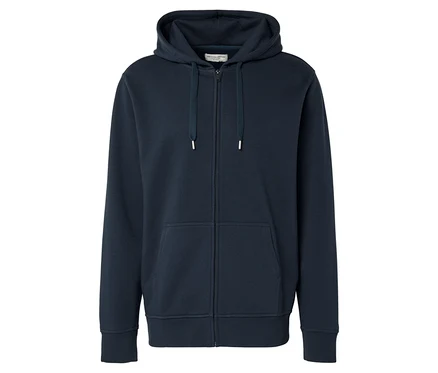 Marineblauer Kapuzenpullover mit Reißverschluss.