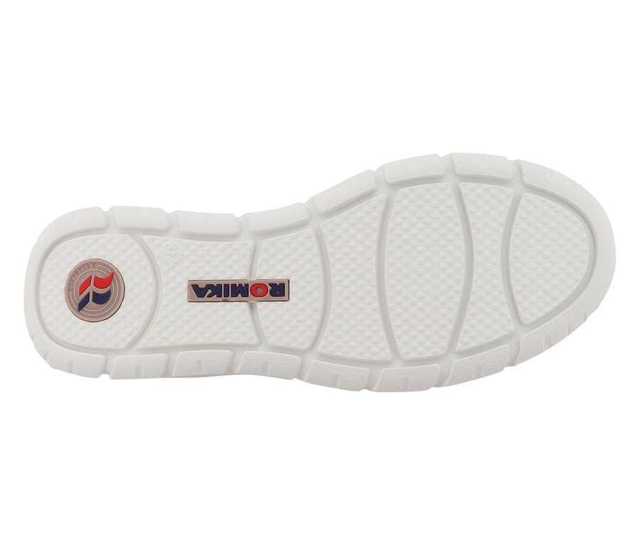 Sohle eines weißen Romika Schuhs mit Romika Logo.