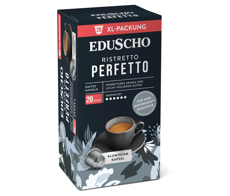 Eine XL-Packung Eduscho Ristretto Perfetto Kaffeekapseln mit 20 Stück ist auf einem weißen Hintergrund zu sehen.