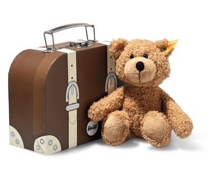 Ein brauner Teddybär sitzt neben einem braunen Koffer mit silbernen Akzenten.