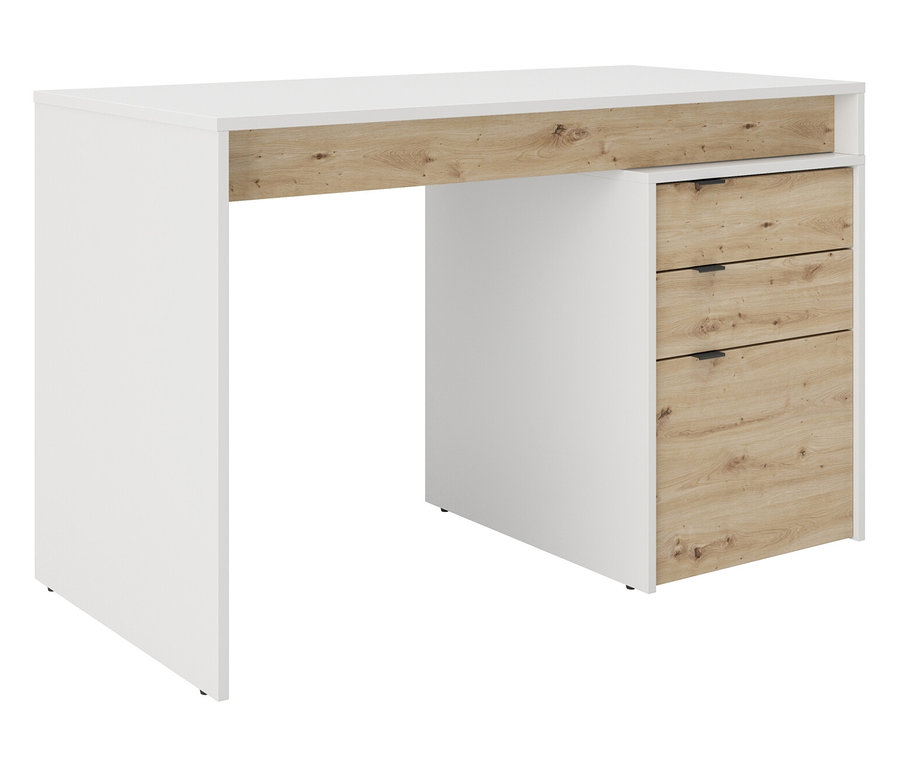 Weißer Schreibtisch mit hellbraunen Schubladen.