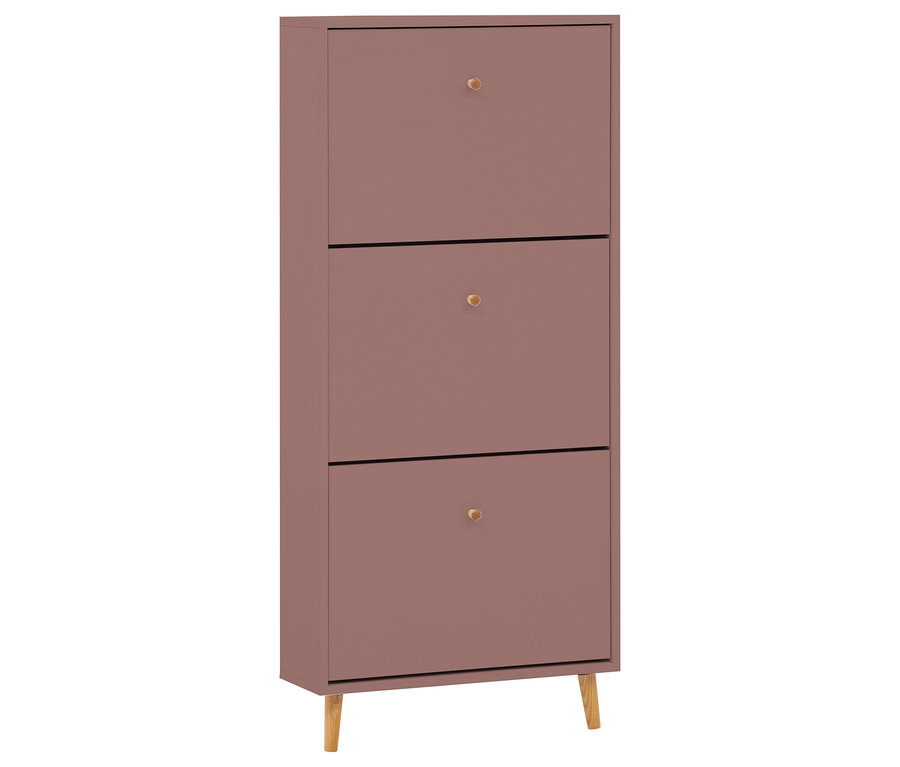 Ein schmaler, rosafarbener Schuhschrank mit drei Fächern und goldenen Knöpfen.