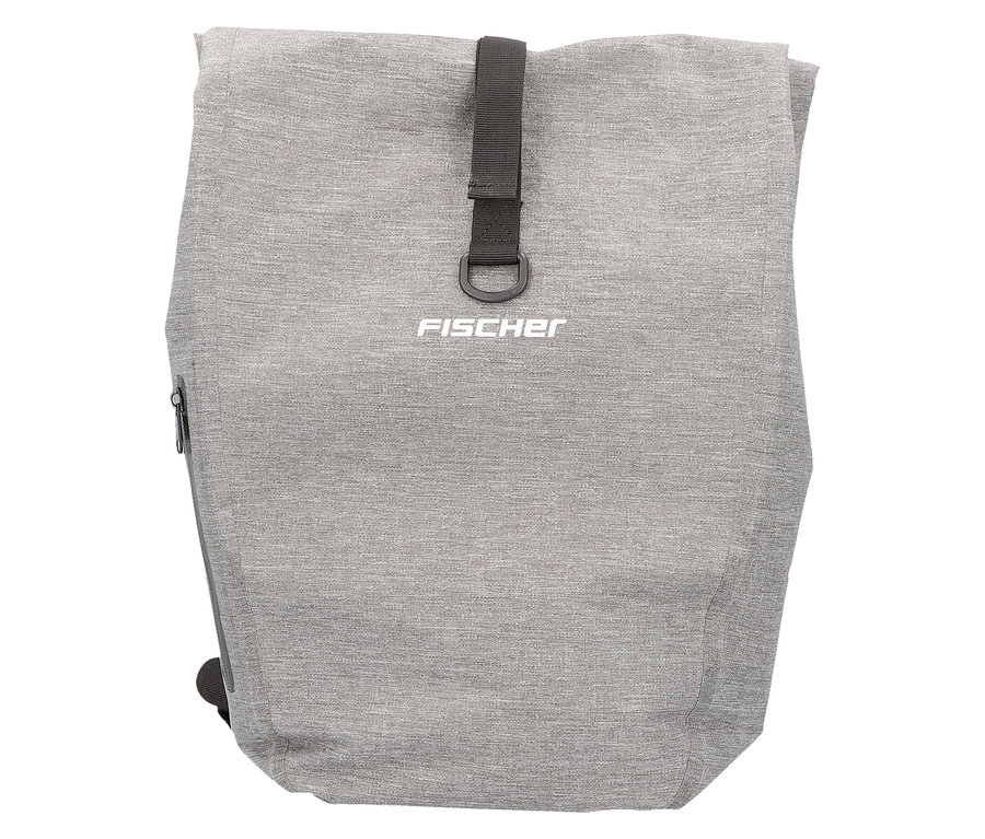 Graue FISCHER Gepäckträgertasche PLUS Cita, von vorne fotografiert.
