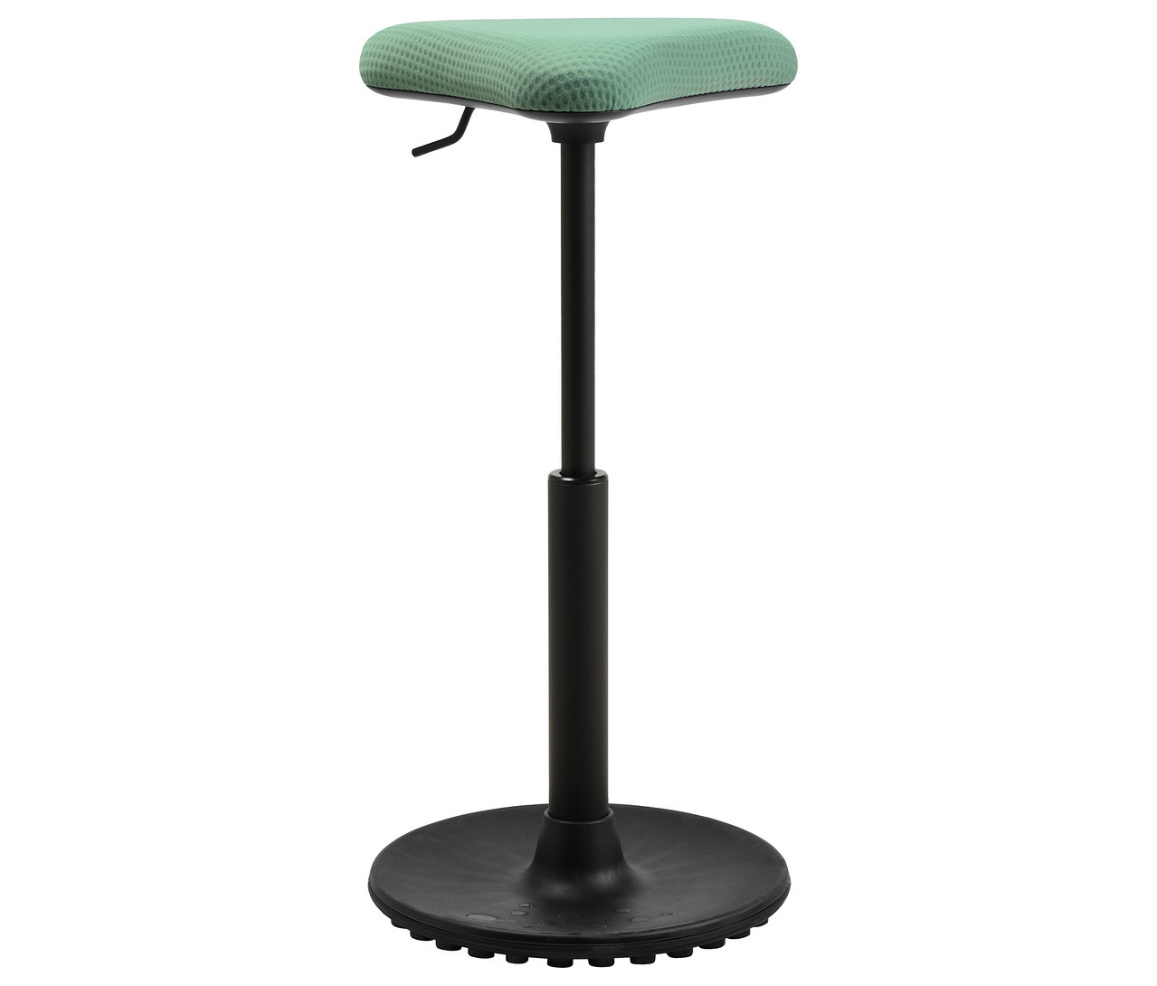 Ein einzelner, höhenverstellbarer Stehhocker mit einem runden, schwarzen Fuß und einem mintgrünen, quadratischen Sitz.